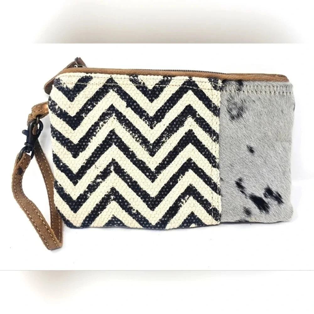 Myra Cat's Eye Small Bag Pouch Clutch Calf Hair Leather Cotton Zip Wrislet NWOT